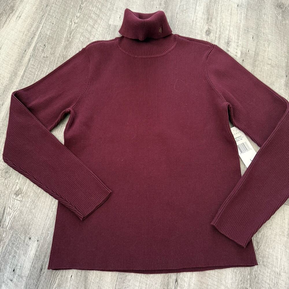 Lauren Ralph Lauren Wine Ribbed Turtleneck Sweater Womens Large 100% Cotton NEW